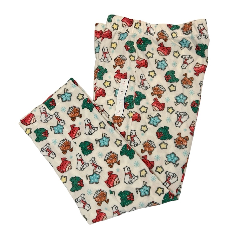 🆕 Men’s Off White Colorful Holiday Fleece Print Elastic Waist PJ Bottoms Size L
